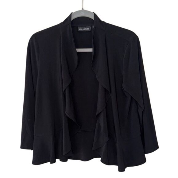 Nina Leonard Ruffle Open-Front Cardigan in Black Size Medium - Picture 2 of 6